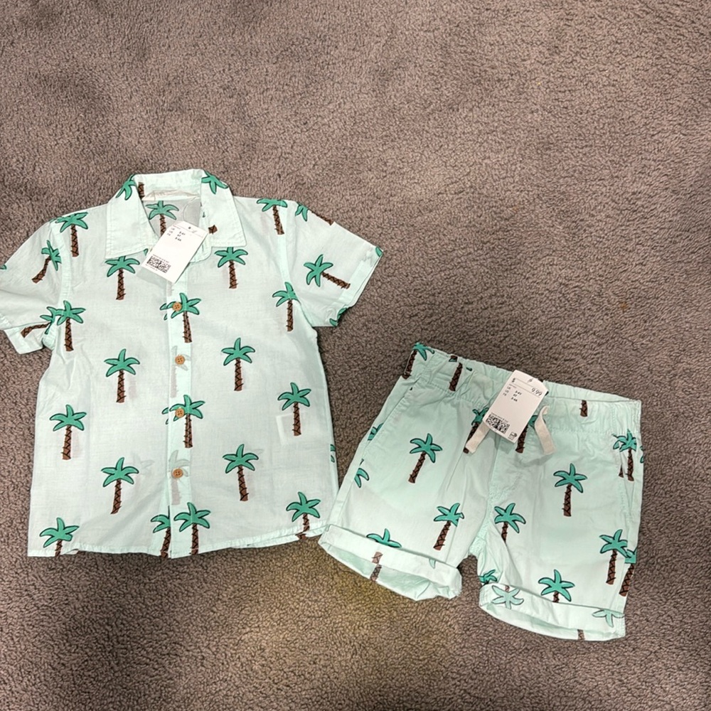 Toddler boys, H&M outfit size 4T color mint with palm trees
